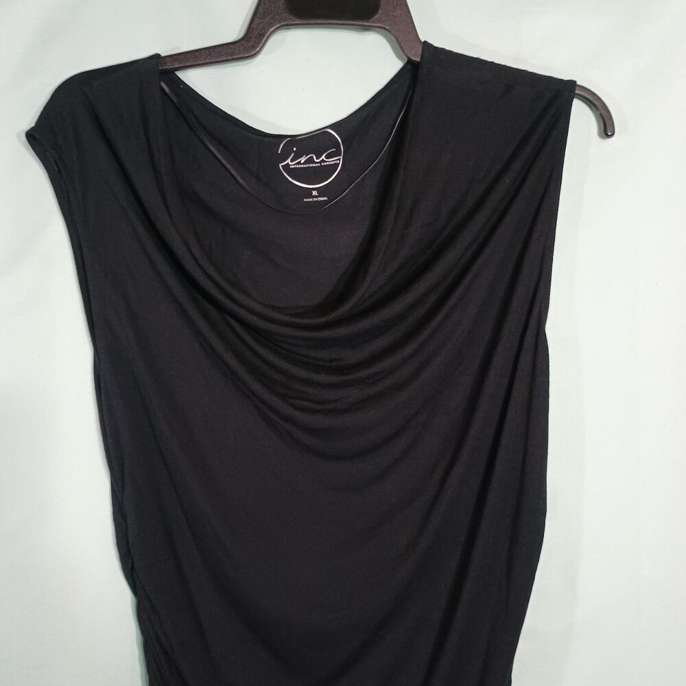 INC Black Draped Sleeveless Top Womens Ruched Side Cowl Neck Tunic Blouse - Picture 3 of 5